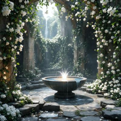 Primary subject: A large, round, stone basin with water in the middle of a garden.

Setting/background: The garden is filled with greenery, including a waterfall and a fountain. The scene is set in a stone courtyard with a stone wall.

Visual style: The image is a digital art illustration.

Colors and mood: The garden is lush and green, creating a serene and peaceful atmosphere.